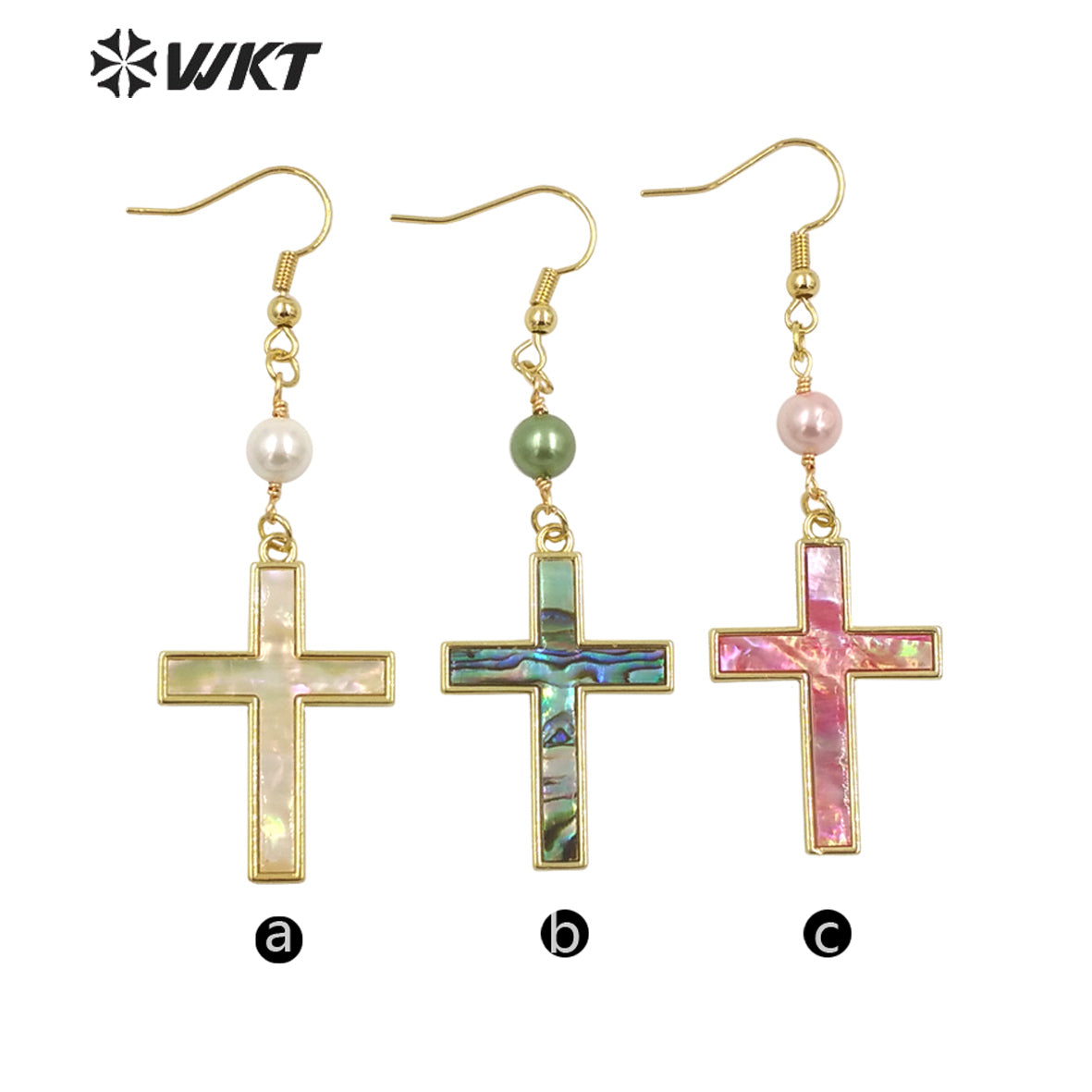 WT-MPE135 Wholesale Religious Christian Fashion Gold Bezel Setting Natural Shell Cross Pendant Earrings for Gift