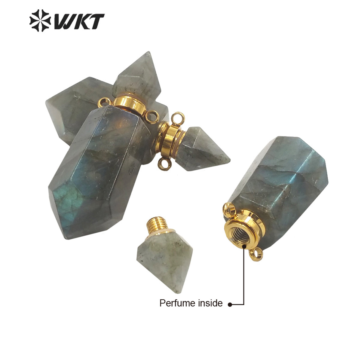 WT-P1760 WKT Superior Quality Natural Stone Perfume Bottle Pendant Labradorite Perfume Bottle Pendant Jewelry Necklace Accessory