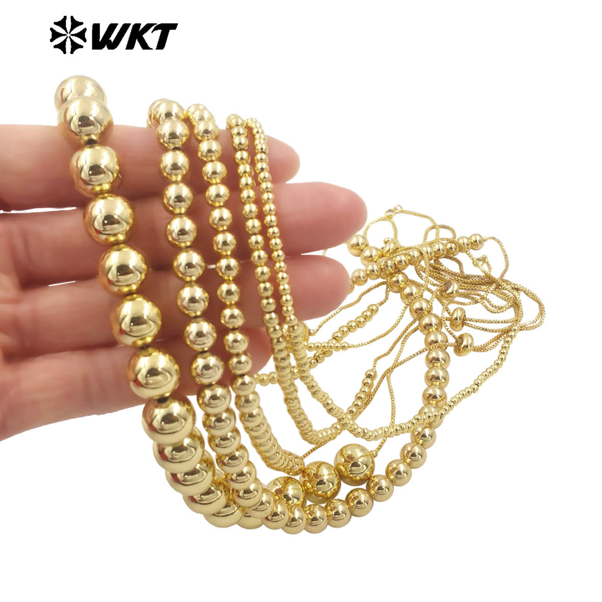 WT-JFN13 Wholesale Most Popular Hand Strand Round Ball Beads 18K Real Gold Plated Simple Unique Chain Necklace Different Size