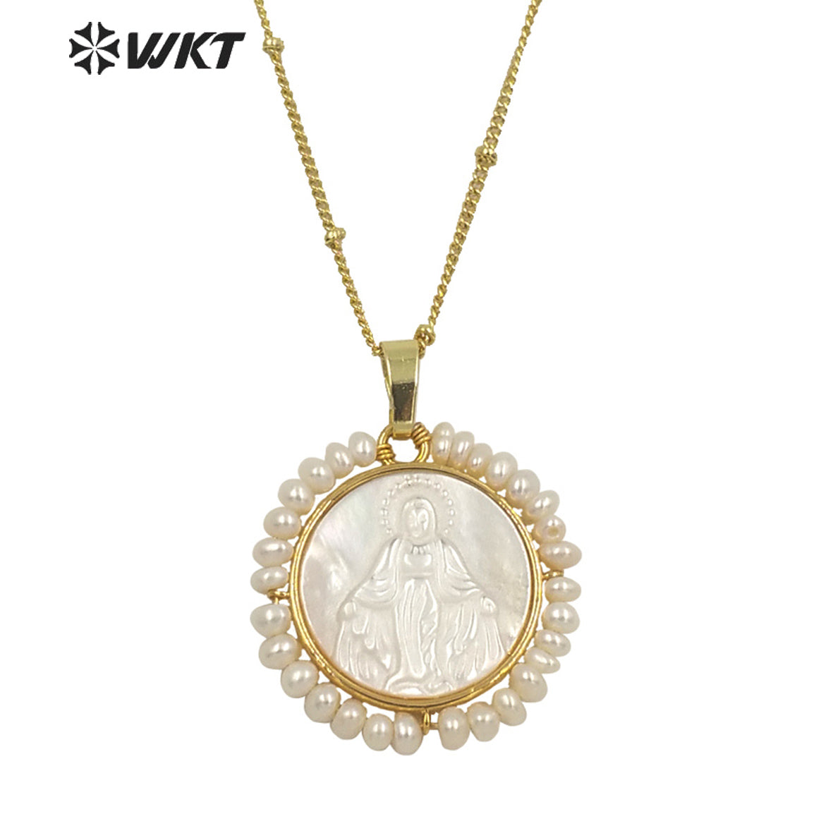 WT-JN154 Amazing Super Hot Handmade White Natural Religious Christian Virgin Mary Pendant with Tiny Pearl Around Charm Pendant