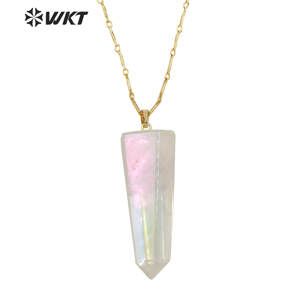 WT-N1390 Amazing Healing Aura Crystal Quartz Point Necklace Simple Hoop Angel Color Stone Hexagon Necklace in Gold