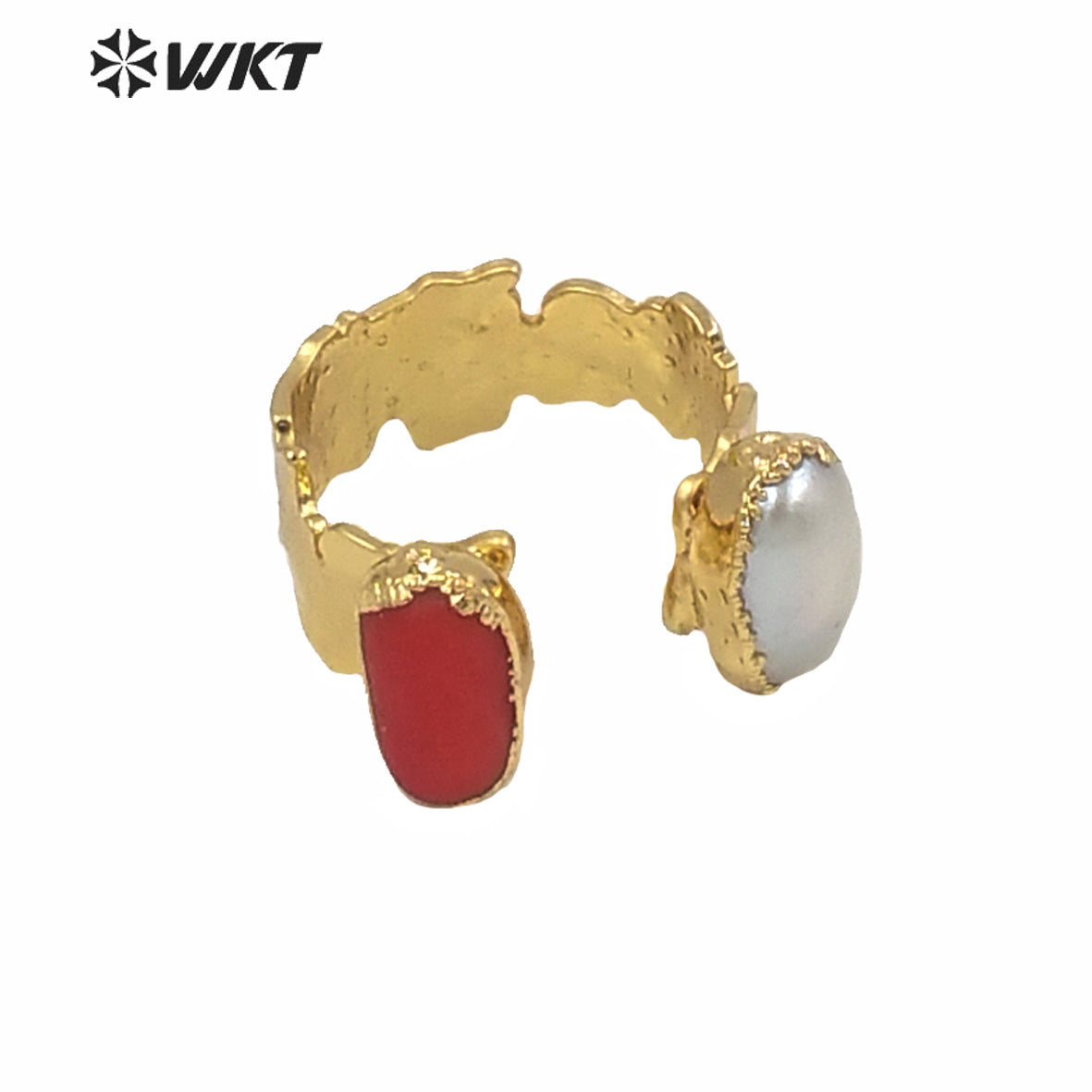 WT-MPR010 Amazing WKT Exclusive Resist Tarnish Gold Electroplated Red Coral Pearl Ring Women Fashion Brass Gold Cocktail Rings