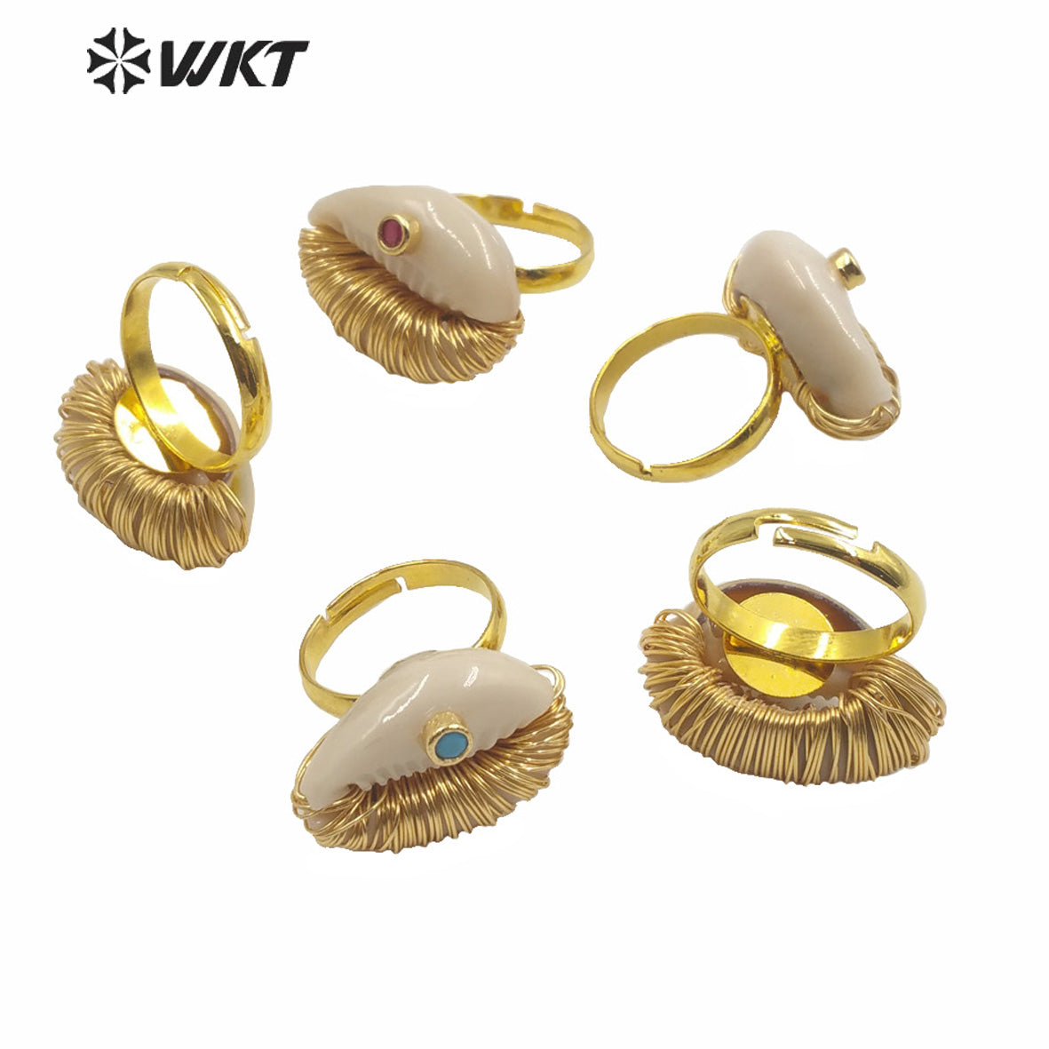 WT-MPR003 New Summer Hot Wire Brass Handmade Wrapped Natural Sea Cowrie Ring With Cz Charm Fashion Gold Summer Conch Rings