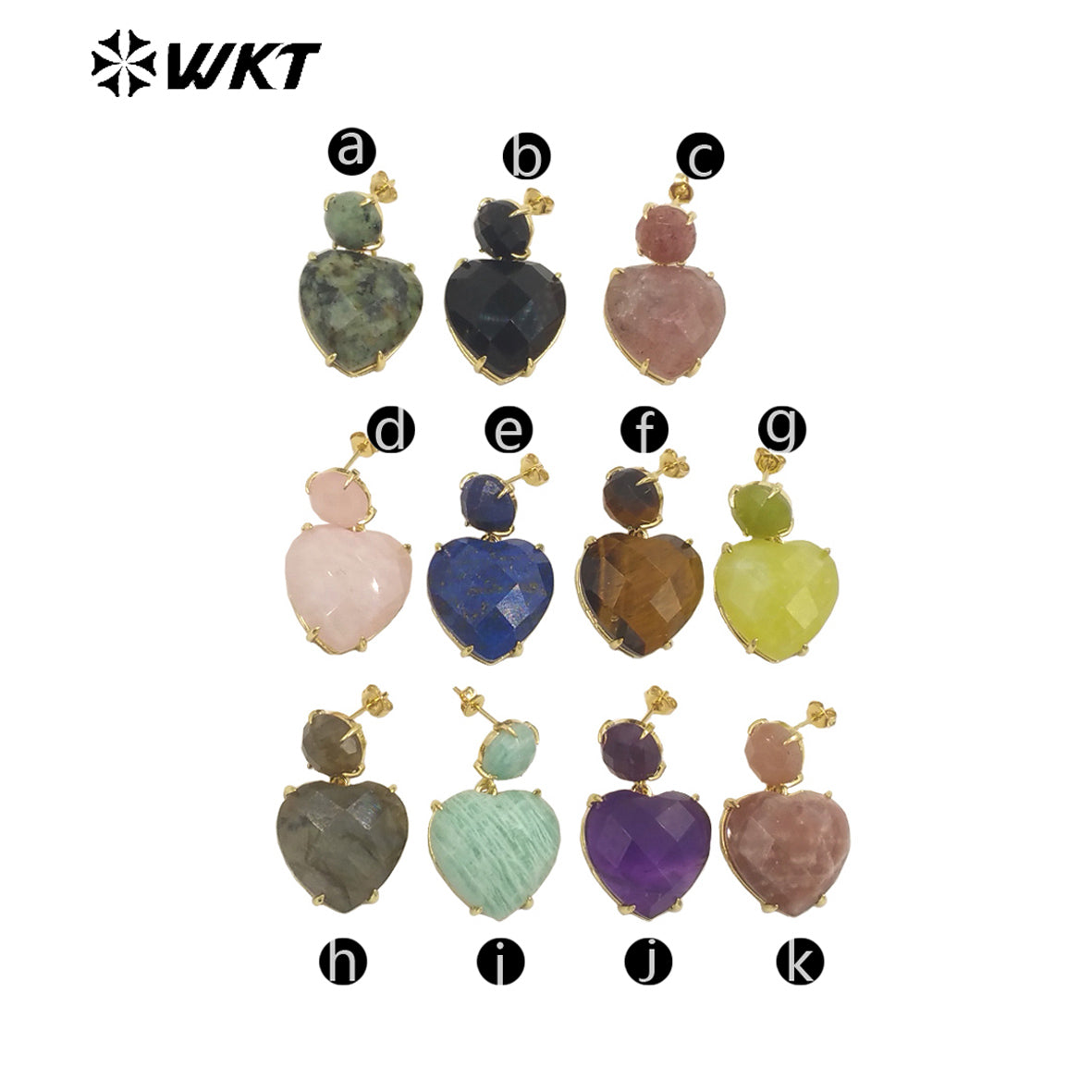 WT-E719 First Choice Hot Natural Gemstone Carved Heart Earrings for Lovers 18k Gold Plated Lapis Amethyst Stone Anniversary Stud