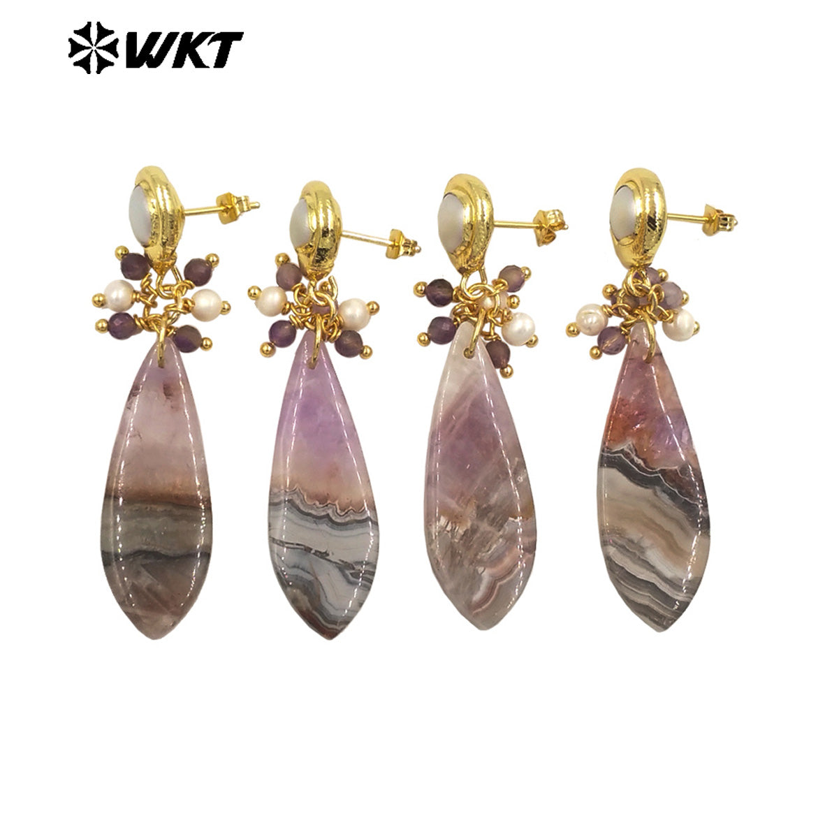 WT-E780 Long Drop Shape Natural Amethyst and Pearl Beads Design Exquisite Retro Style Women Party Fine Jewelry Earrings