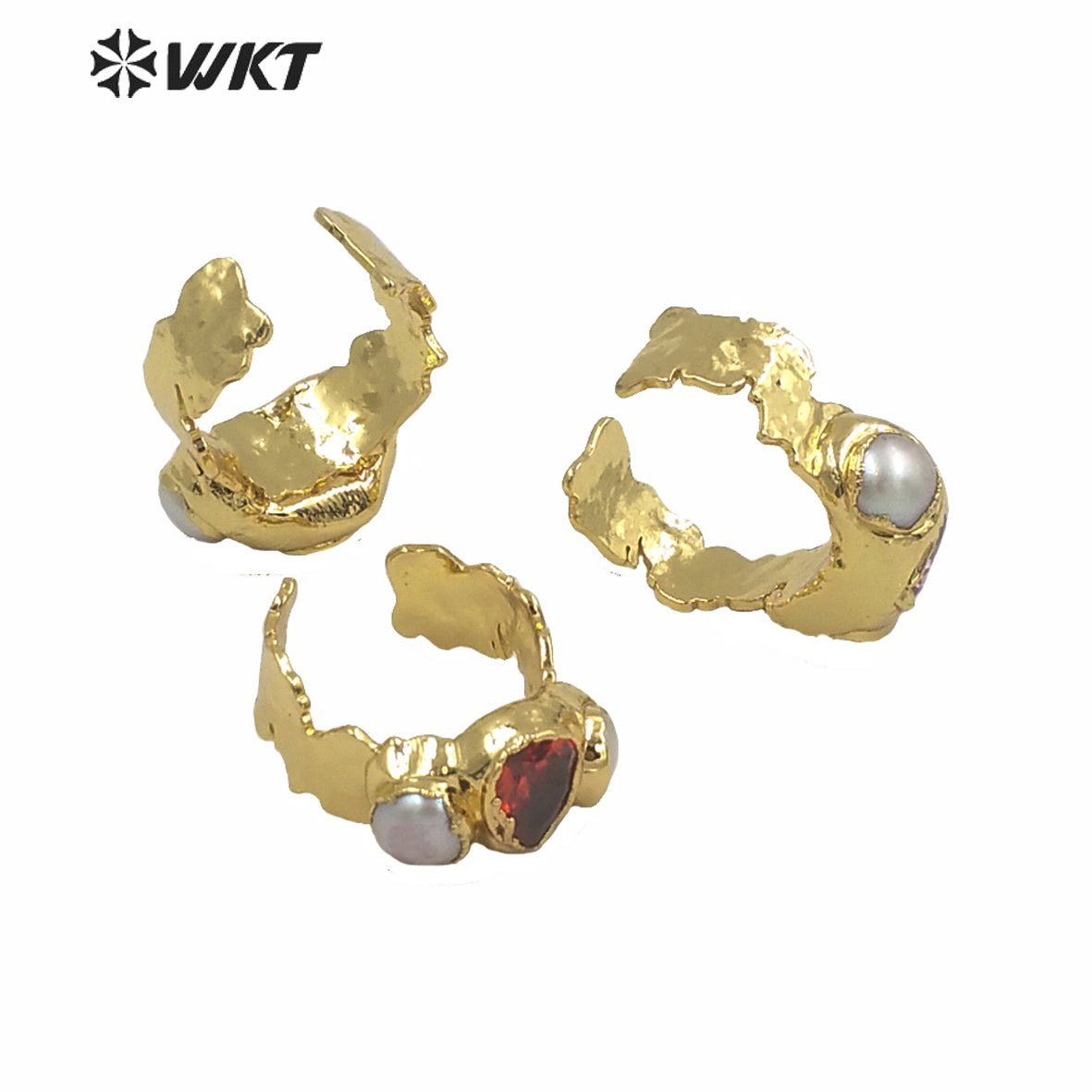 WT-MPR011 WKT Exclusive Gorgeous Natural Pearl CZ Stone Cocktail Ring Women Fashion Gold Electroplated Irregular Lava Stone Ring