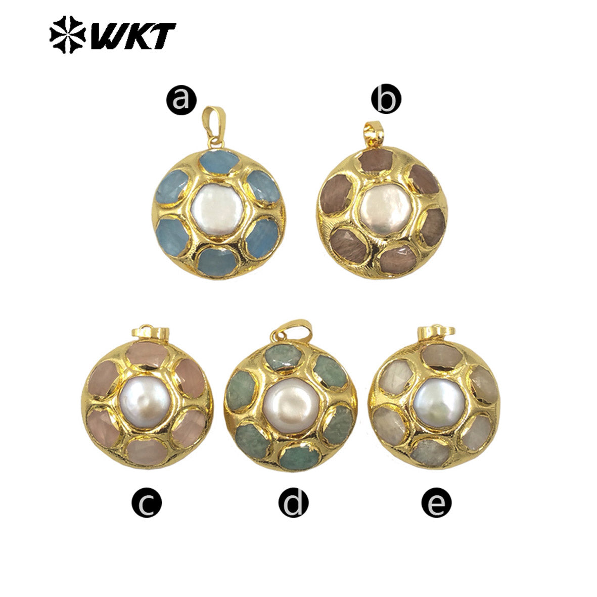 WT-JP411 Amazing Fashion Gold Plated Handmade Bezel Setting Natural Round Natural Stone and Pearl Flower Pendants