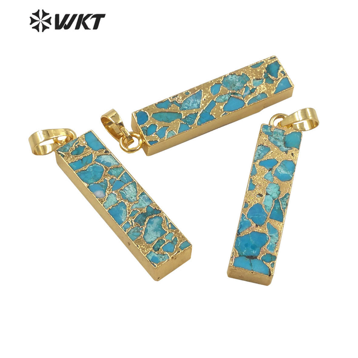 WT-P1697 Wholesale Natural New Copper Turquoise Long Bar Pendant Gold Electroplated Trim Rectangle Stone Pendant Jewelry