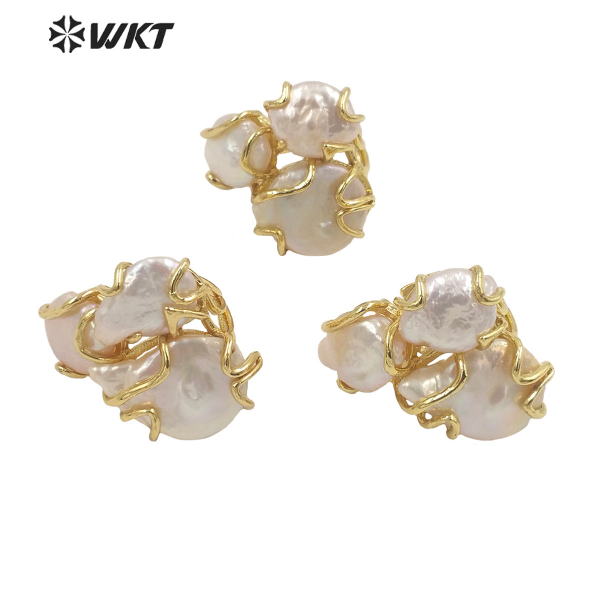 WT-MPR038 European Royal Style Triple Precious Freshwater Pearl Ring With Clawing Setting in 18k Real Gold Plated Women Ring