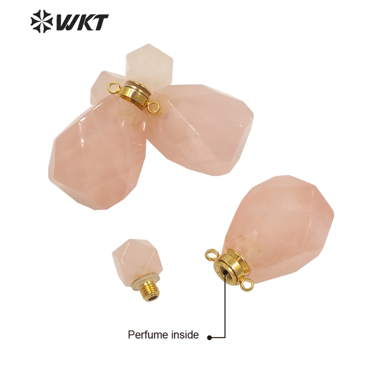WT-P1628 New Populared Color Natural Rose Quartz Stone Perfume Bottle with Steel Jewelry Parts Women Hot Chic Faceted Bottle