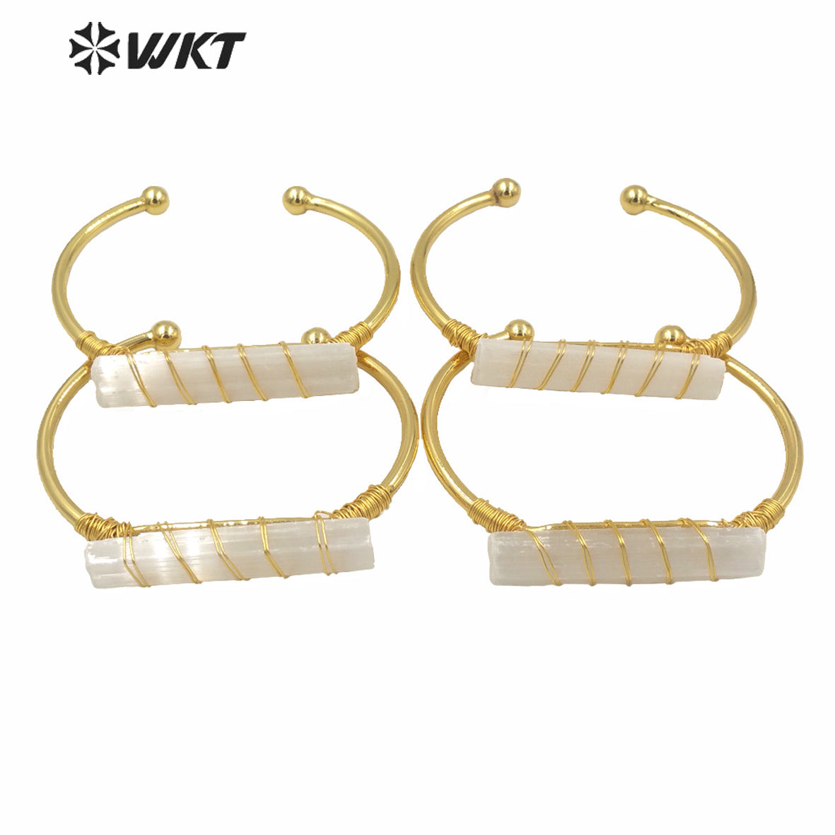 WT-B567 Wholesale Fashion Women Gold Electroplated Wire Wrapped White Selenite Open Bangle Adjustable Gold Natural Stone Bangle