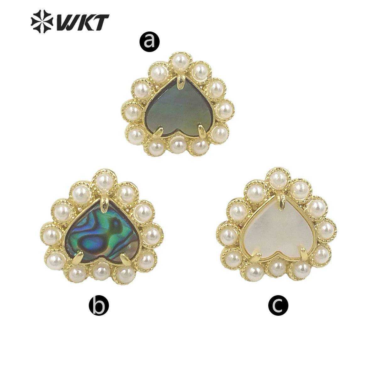 WT-MPE123 Wholesale Gold Plated Artificial Pearl and Natural Abalone Shell Heart Girl Earrings Popular Fashion Boho Studs