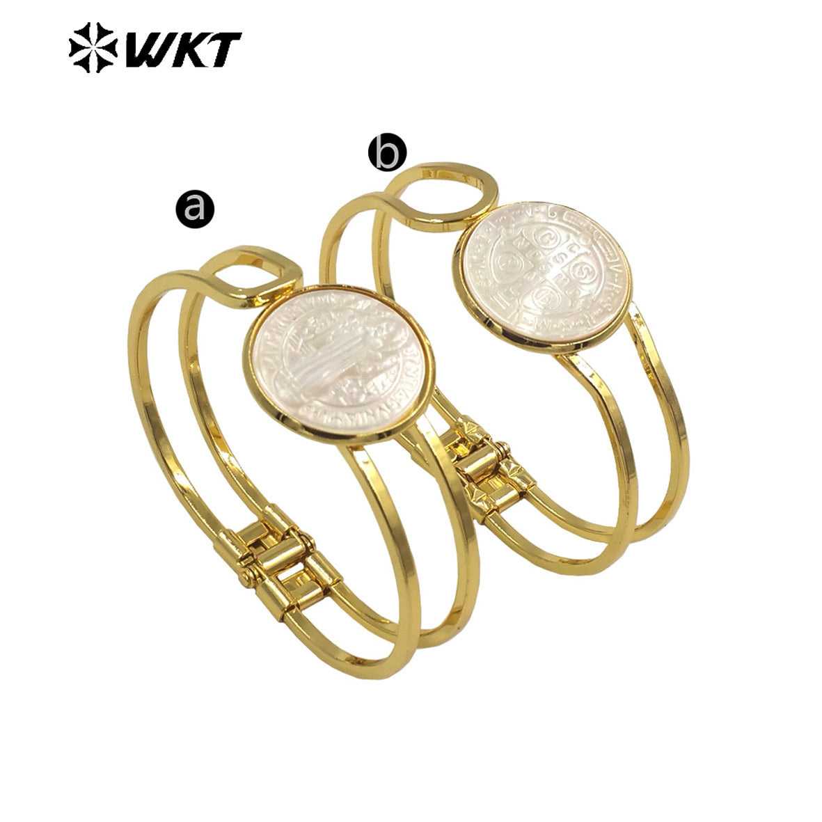 WT-MPB092 Religious Fashion Gold St Benedict Medal 18k Real Gold Resist Tarnishable Cross Natural Shell Cuff Bangle