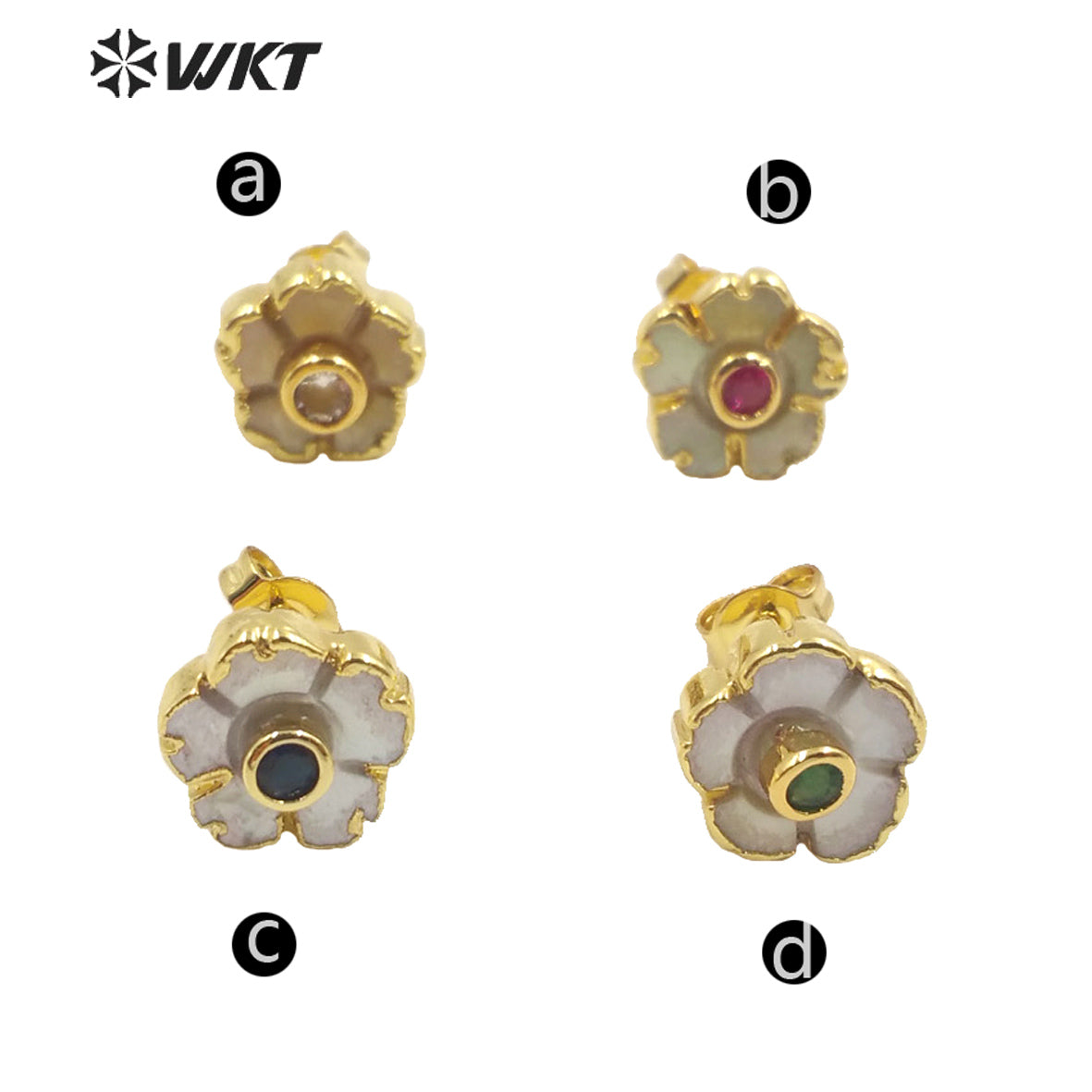 WT-MPE026 Amazing Tiny Cubic Zircon White Shell Flower Studs Charming Gold Plated Women Shell Studs Tiny Flower Studs