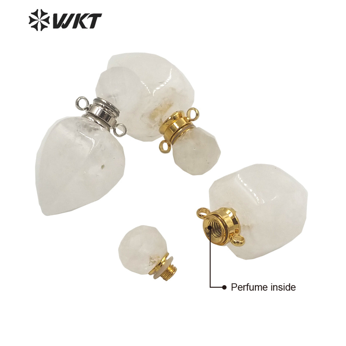 WT-P1636 Amazing Gold Electroplated Crystal Quartz Stone Perfume Bottle Jewelry Pendant Small Drop Bottle Pendant
