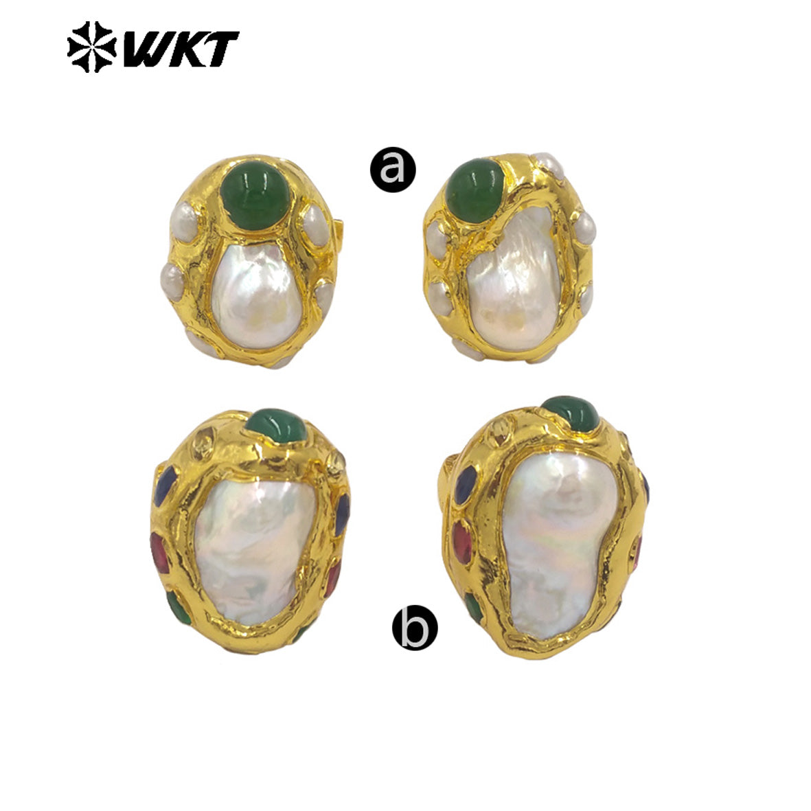 WT-MPR145 Amazing Luxury Gold Plated Random Shape Baroque Pearl With Natural Jade Rings Ladies Resist Tarnishable Jewelry Gift