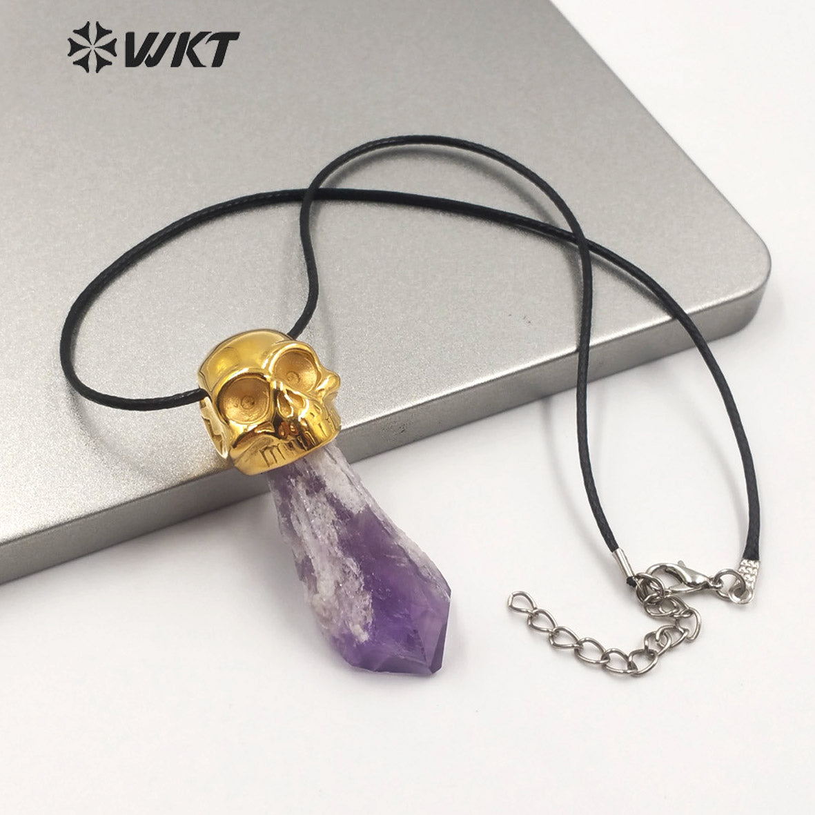 WT-N1213 Special Design Natural Amethyst Skull Pendant Necklace New Charm Jewelry Amethyst Necklace