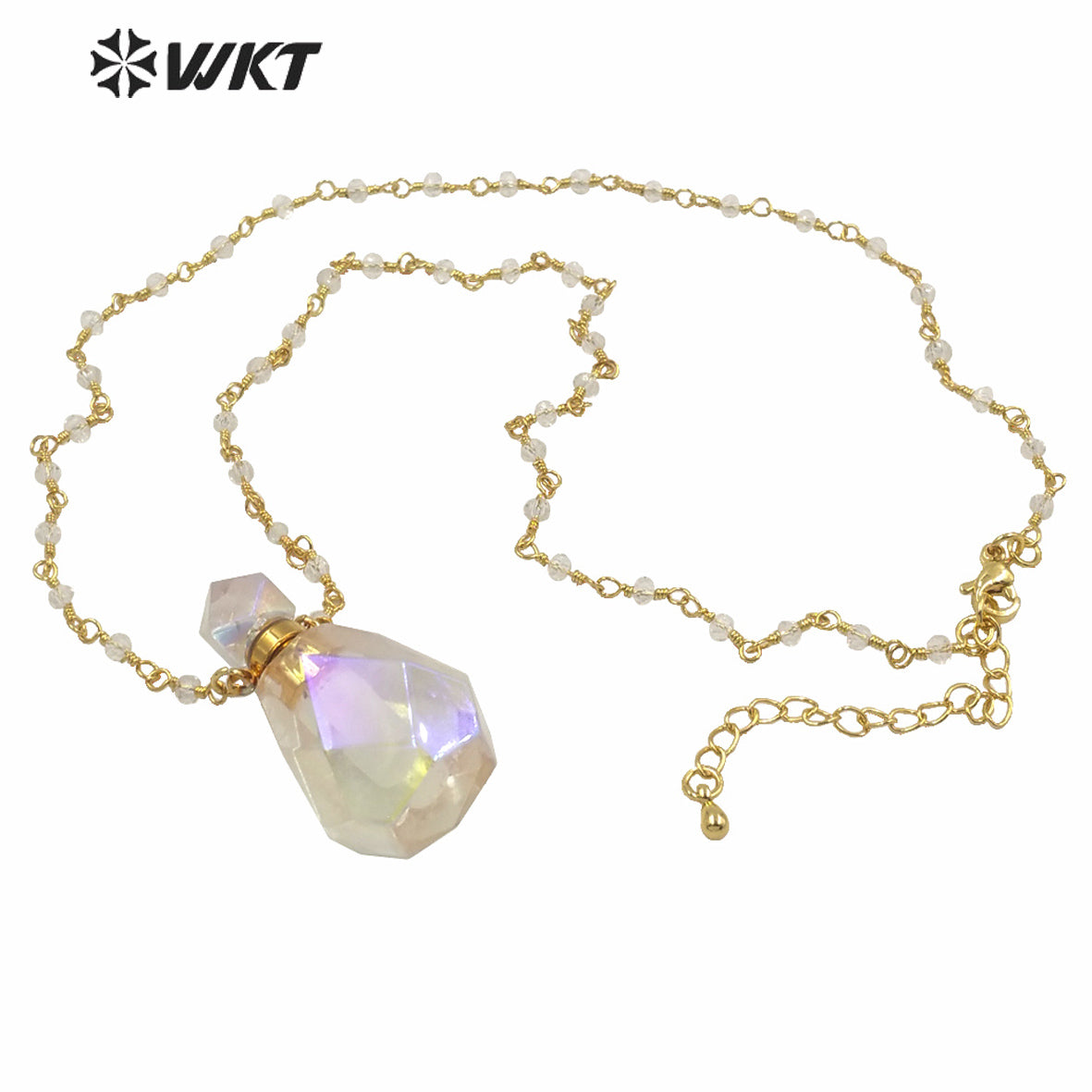 WT-N1235 NEWEST WKT Fashion Gold Electroplated Faceted Aura Crystal Quartz Point Perfume Bottle Necklace As Gift