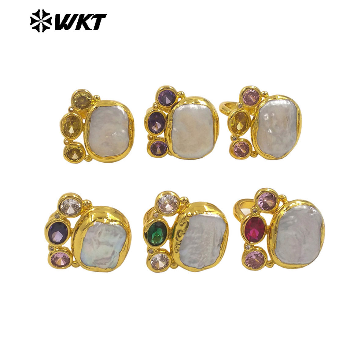 WT-MR043 Newest Design Gold Plated Natural Freshwater Pearl Ring With Multi Colors Cubic Zircon Square Shape Women Jewelry Ring