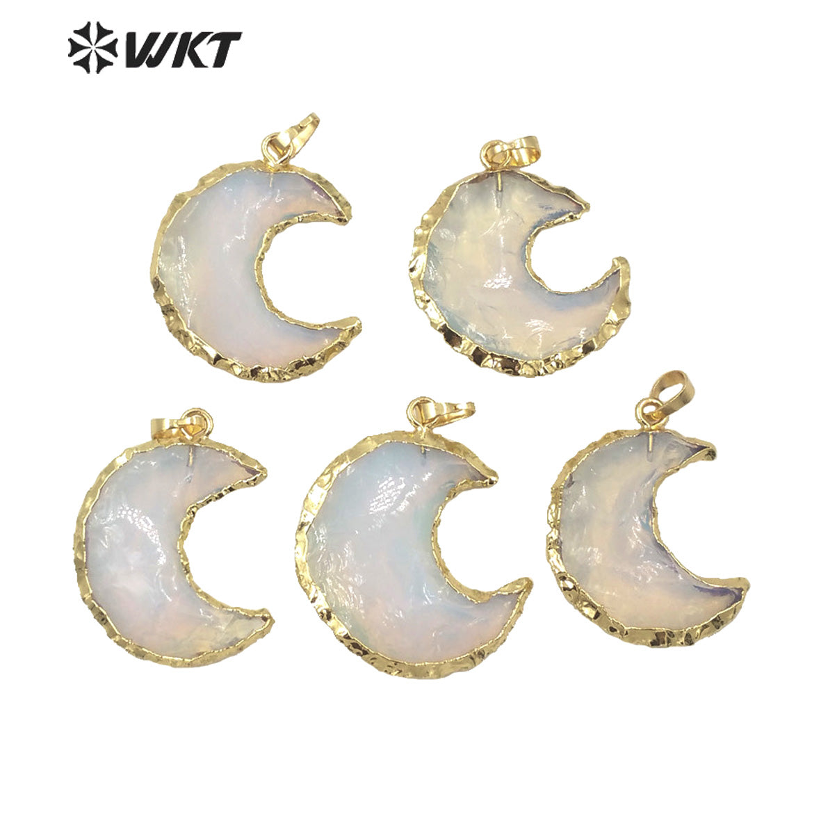WT-P1570 Wholesales Gold Electroplated Natural Hammer Raw Opal Stone Moon Pendant Hot Gold Natural Crescent Moon Opal Pendants