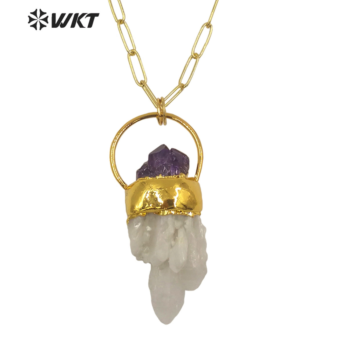 WT-N1275 Unique New Design Popular Natural Cluster Quartz Necklace With Amethyst Decorative Fashion Gold White Crystal Necklace