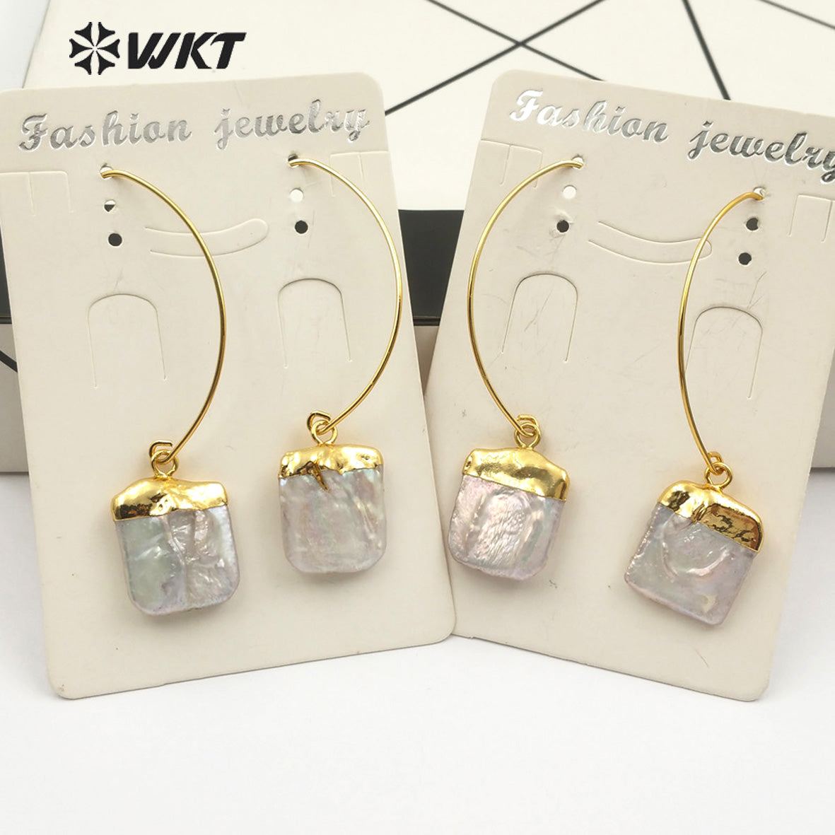 WT-E492 Gold Capped Pearl Pendant With Metal Hoop Vintage Pearl Jewelry for Women Square Shape Natural Freshwater Pearl Earring