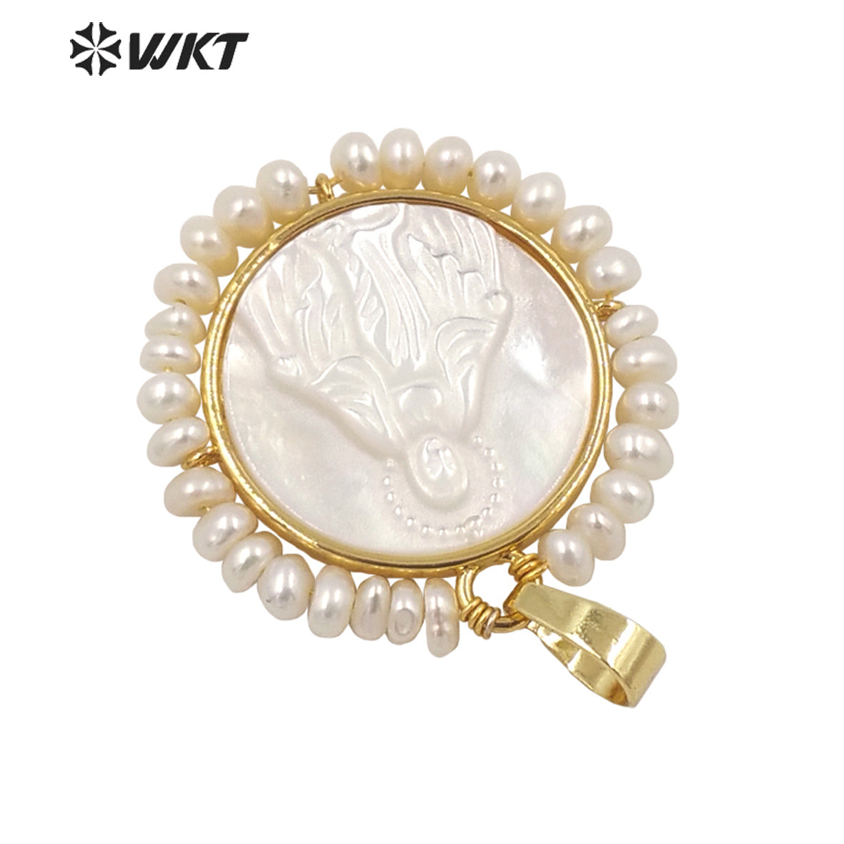 WT-JP256 New Design the God of Mother Virgen Maria Shell Pendant Fashion Gold Bezel White Round Amen Madrededios Pendants