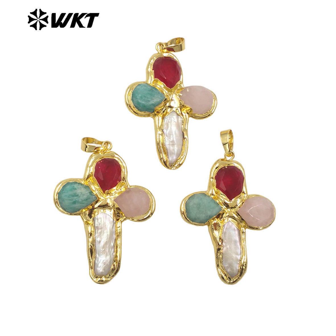 WT-JP382 Classic Cross Shape With Colored Natural Stone Pearl and 18k Gold Plated Pendant for Necklace Accessory