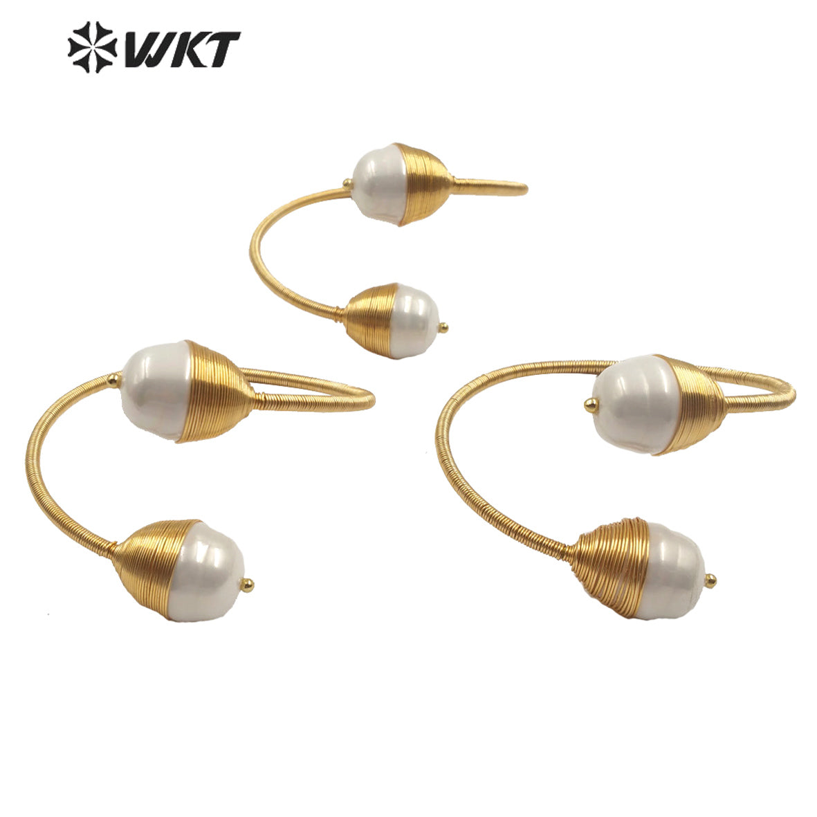 WT-B509 New Design Handmade Wire Wrapped Shell Bangle Gold Baroque Shape Adjustable Size Shell Pearl Bangle