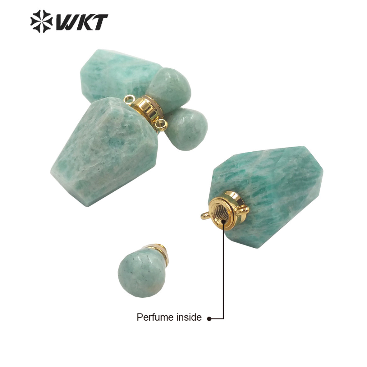 WT-P1691 New Color Natural Gold Stainless Steel Amazon Stone Perfume Bottle Pendant Lady Essencial Oil Bottle Pendant