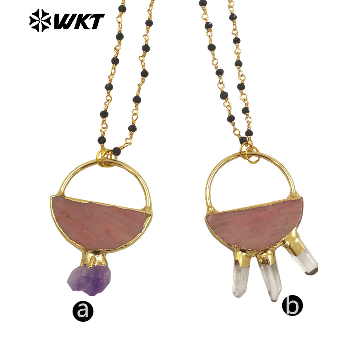 WT-N1470 Amazing New Design Semi Circle Geometric Natural Stone Pendant Necklace With Rosary Black Beads Chain