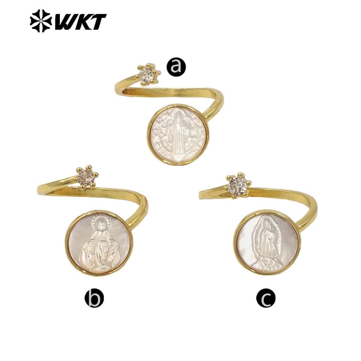 WT-MPR092 WKT New Christian Jewelry Design 18K Gold Plated Adjustable Religious Virgin Mary Ring With Zircon Stone