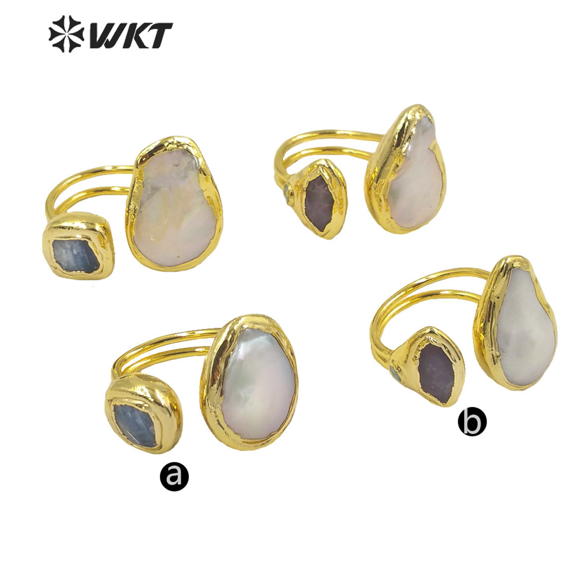 WT-MPR036 Refined Elegant Ladies Rings Blue Kyanite 18k Gold Plated Rings Open Adjustable Size Natural Pearl Gemstone Rings