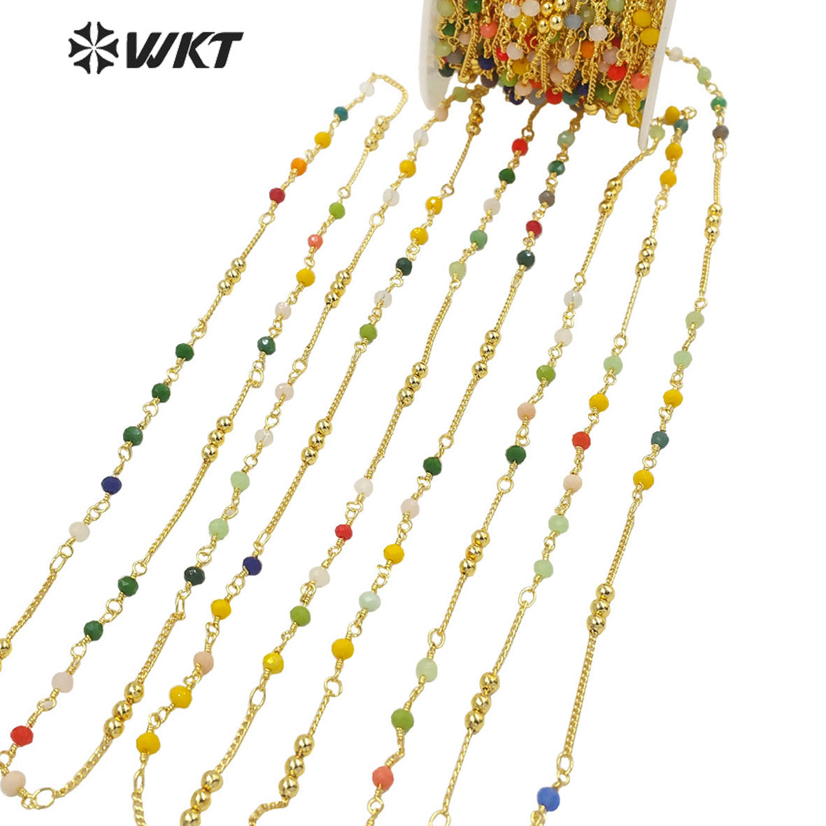 WT-RBC199 Wholesale Gold Plated Women DIY Jewelry Brass Rosary Beads Chain Handmade Jewelry Necklace Chain Colorful Beads Chain