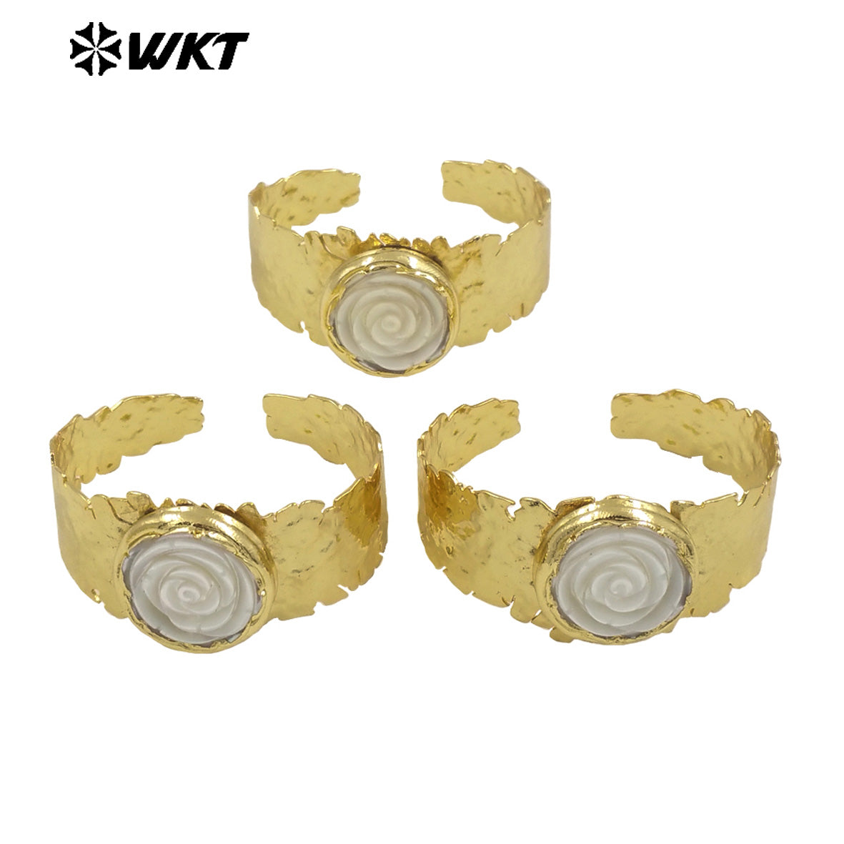 MPB124 Classical Gold Electroplated Cuff Bangle With Natural MOP Shell Handmade Carved Rose Flower Shape Women Party Accessory