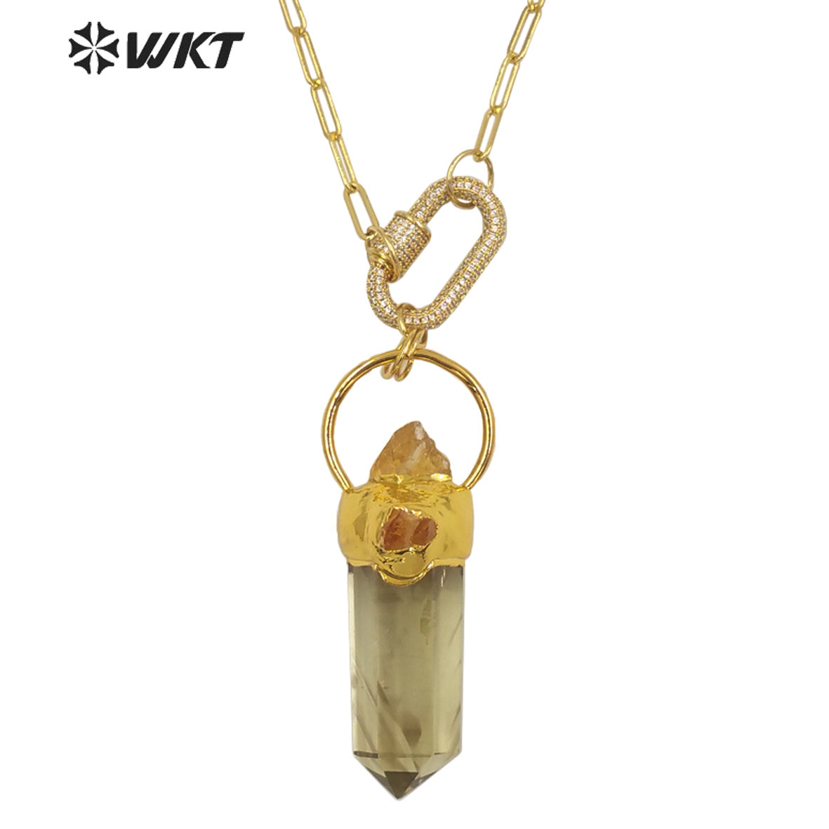 WT-N1273 Unique Gold Electroplated Yellow Crystal Stone Big Pendant Necklace Women Chunky Citrine Raw Stone Necklace