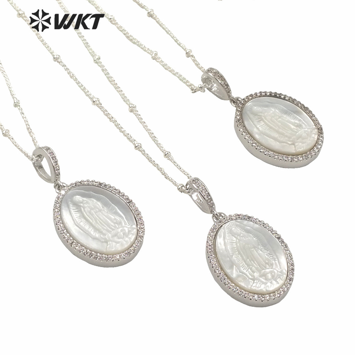 WT-MN968 Wholesale Natural MOP Shell Carved Micro Pave Setting Virgin Mary Necklace Women Platinum Plated Shell Mary Necklace