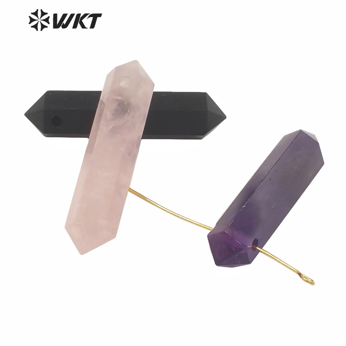 WT-P1579 Wholesale Natural Gemstone Double Point Quartz Pendant Fashion 1.2mm Hole Rose Quartz Stone Point Pendant