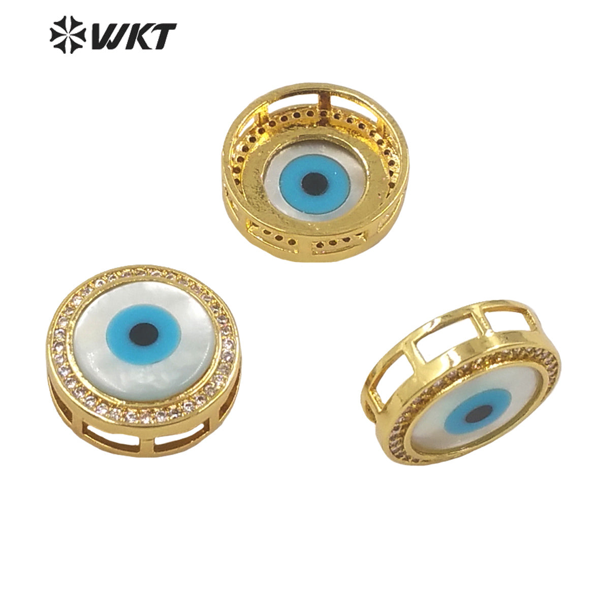 WT-MP204 Wholesale Fashion Gold Electroplated Round Eye Shell Pendants Lady Charming Micro Pave CZ Findings for Bracelet