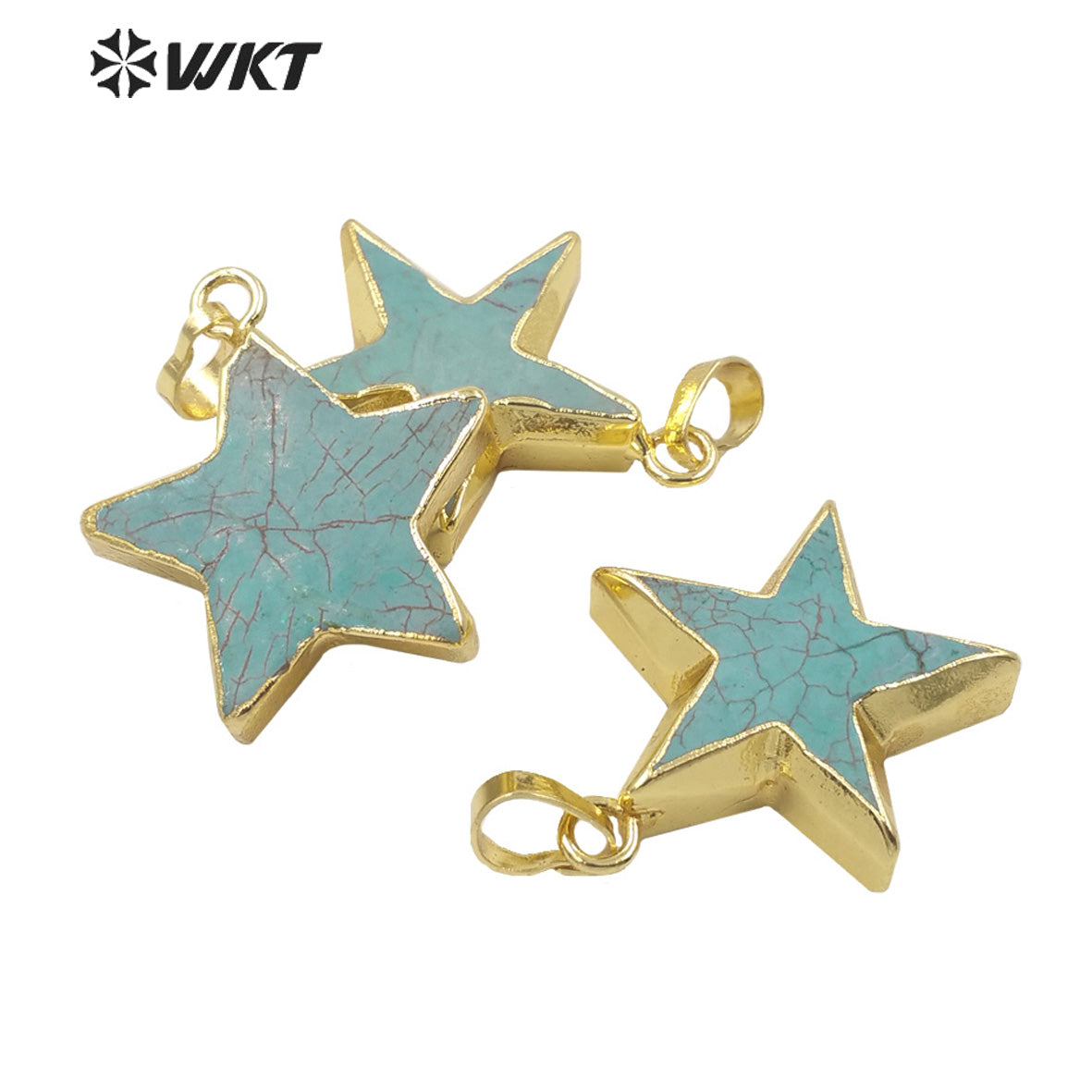WT-P1718 Newest Fashion Popular Gold Trim Natural Turquoise Star Pendant Healing Series Hand Carved Stone Star Jewelry
