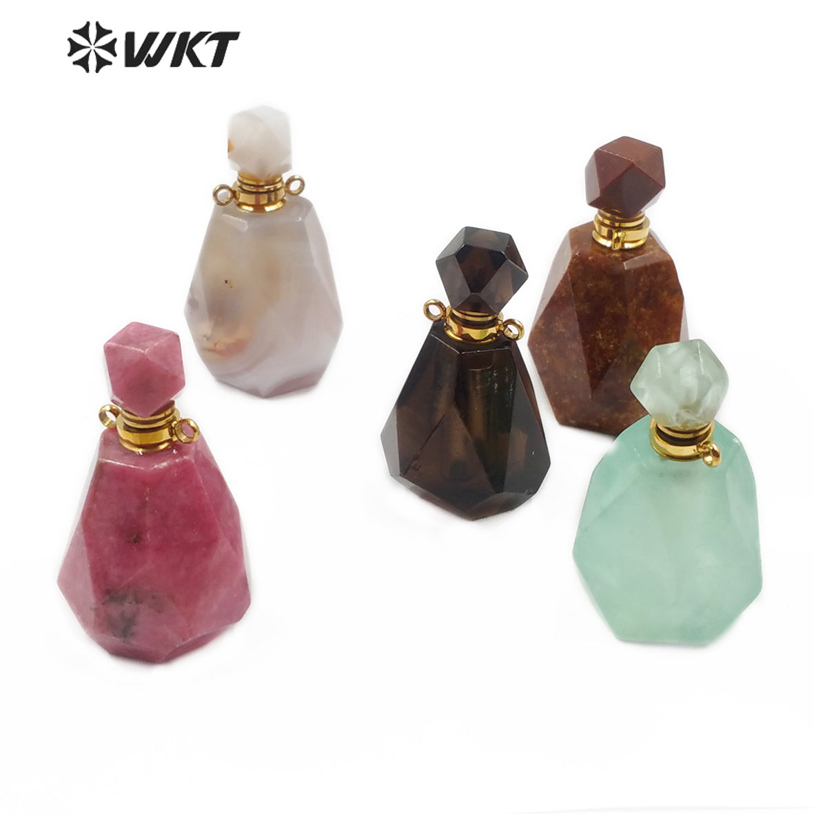 WT-P1479 Newest Natural Stone Perfume Bottle Pendant Smokey Quartz Pendant Rhodonite Pendant Stainless Steel Charm Jewelry