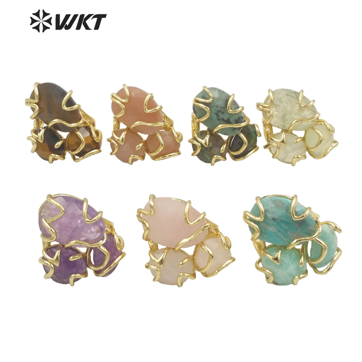 WT-R419 Gorgeous New Collection Stone Ring Women Gold Plated Triple Natural Stone Prong Setting Cocktail Ring for Party Court