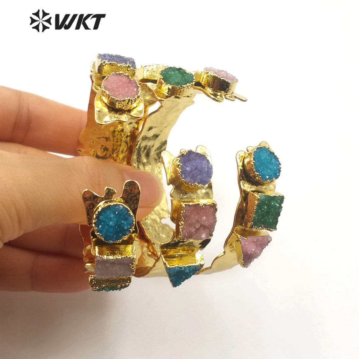 WT-B515 Newest 2020 Spring Colorful Natural Druzy Quartz Stone Bangle Women Fashion Gold Plated Bracelet