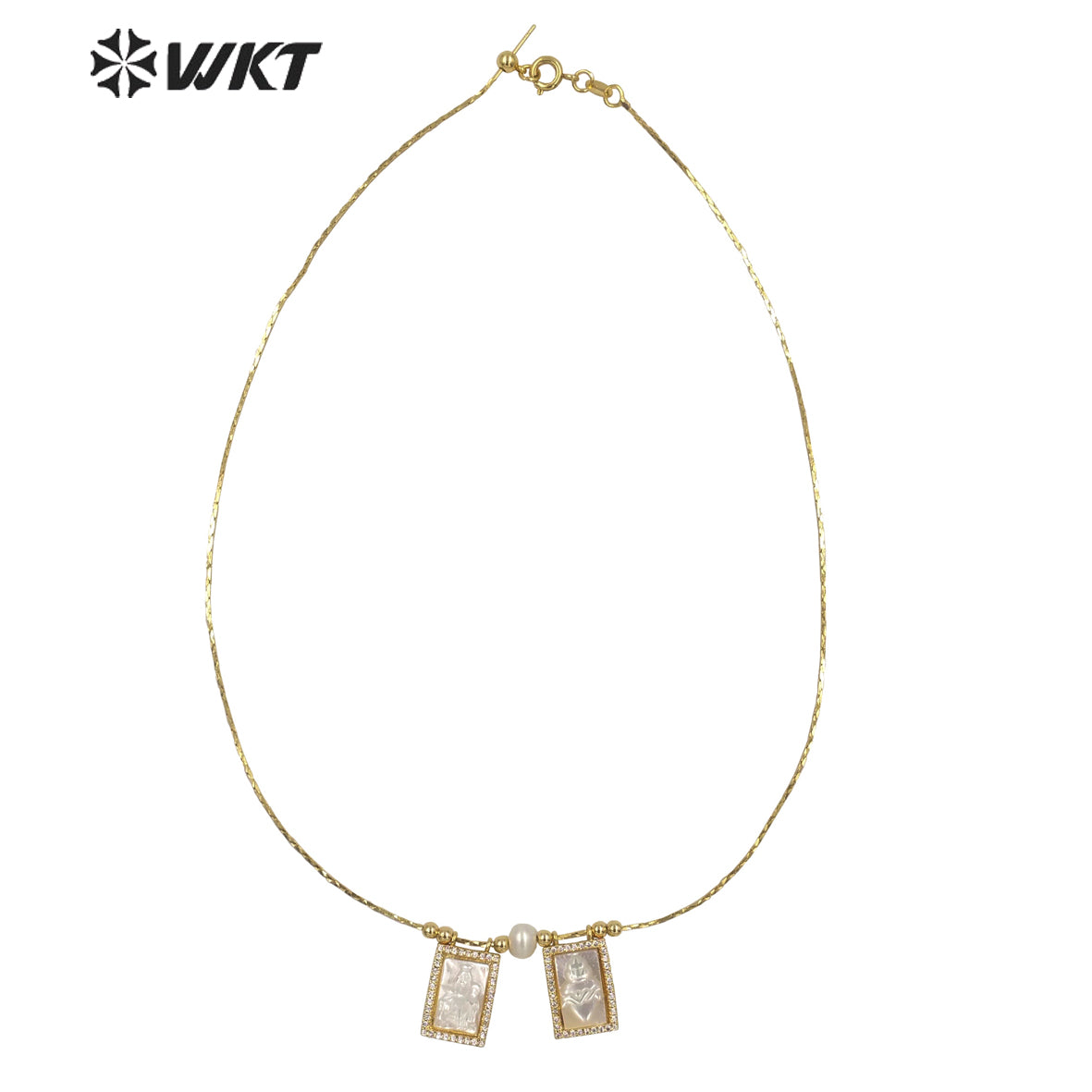 WT-JN137 Super Hot White Mother of Pearl Carved Saint Mary Heart Charm Necklace Gold Double White Shell Mary Christian Necklace