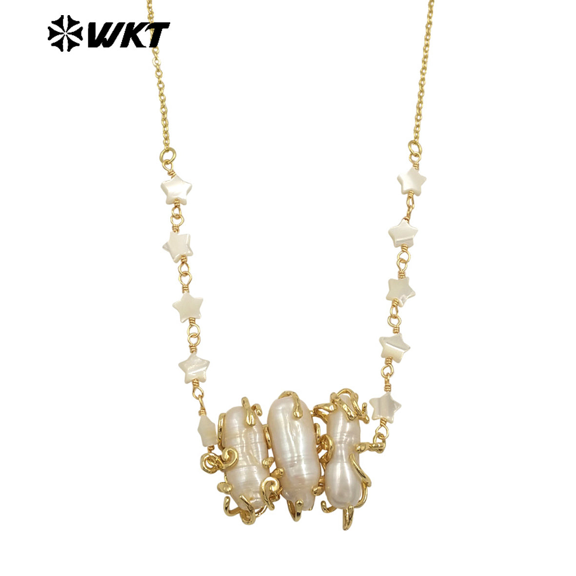WT-JN302 Wholesale Popular Exquisite 18K Gold Plated Star Beads Inlaid Oval Large Pearl Necklace for Girl As Anniversary Gift