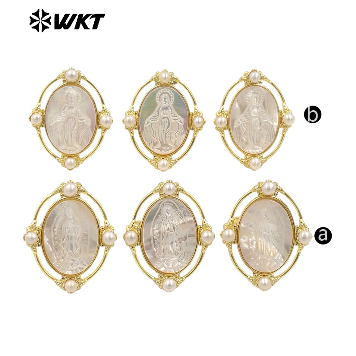 WT-MPR105 WKT Exclusive Newest 18K Real Gold Plated Oval Pearl Shell Virgin Mary Ring in Open Size Christian Jewelry