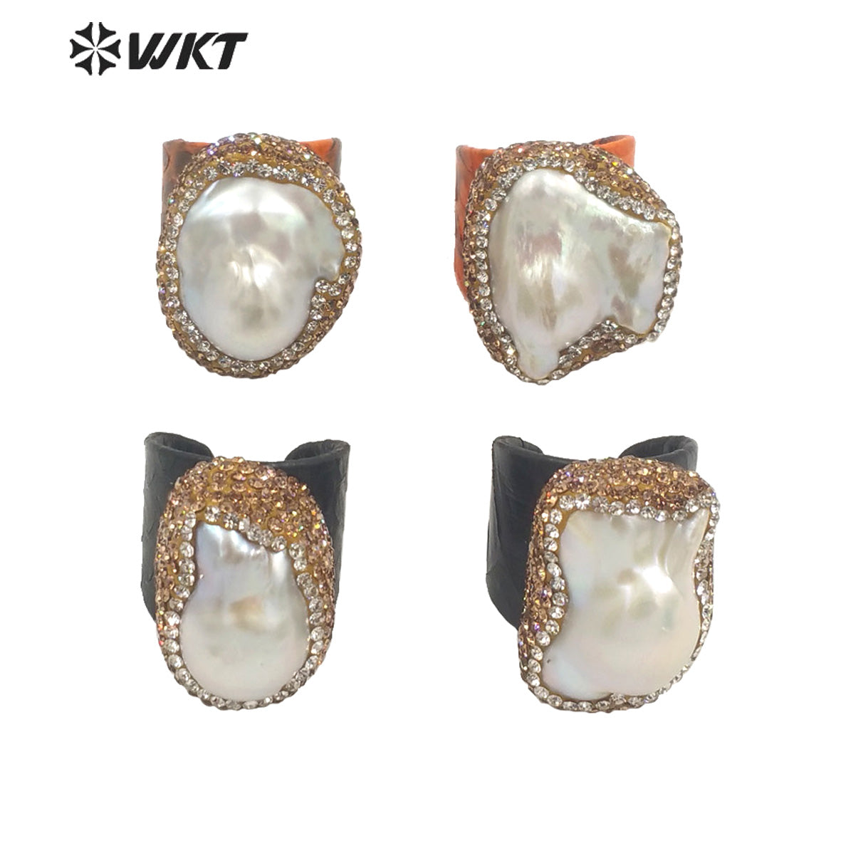 WT-MPR040 Wholesale Fashion Baroque Pearl Ring With Genuine Leather Gorgeous Dubai Style Precious Women Diamond Ring for Party