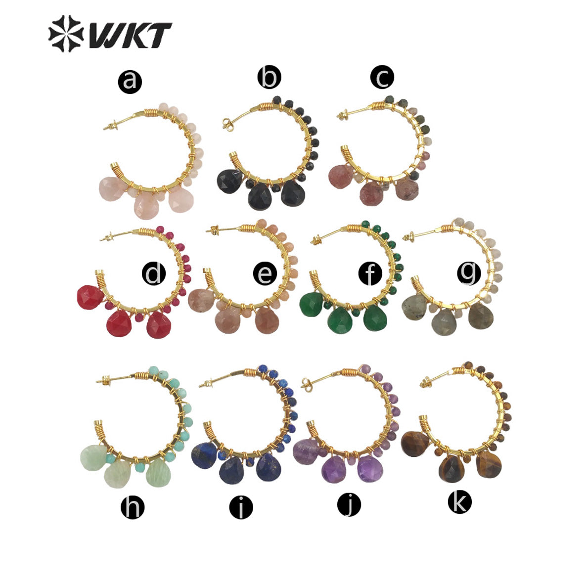 WT-E694 Wholesale Fashion Gold Plated C Shape Wire Wrapped Stone Earrings Attractive Teardrop Stone Crescent Moon Earrings