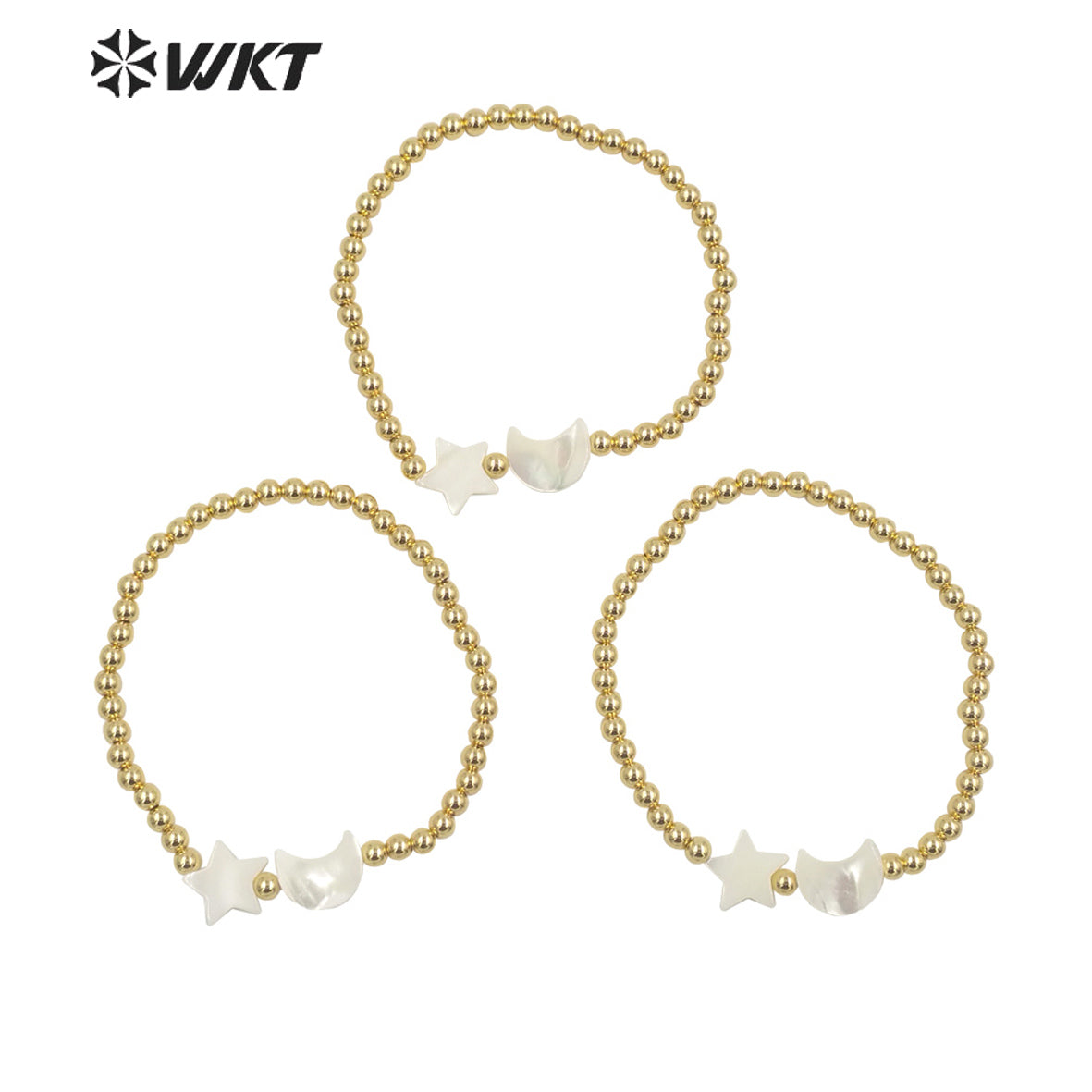 WT-MPB059 Leisure Style Gold 4mm Round Beads Moon Star Bracelet Fashion Lady Charming Shell Handmade Brass Flexible Bracelets