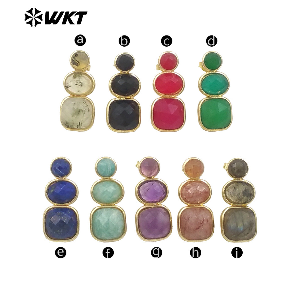 WT-E754 WKT Precious Triple Stone Assemble Handmade Setting Natural Amethyst Lapis Long Dangle Geometric Lady Earrings